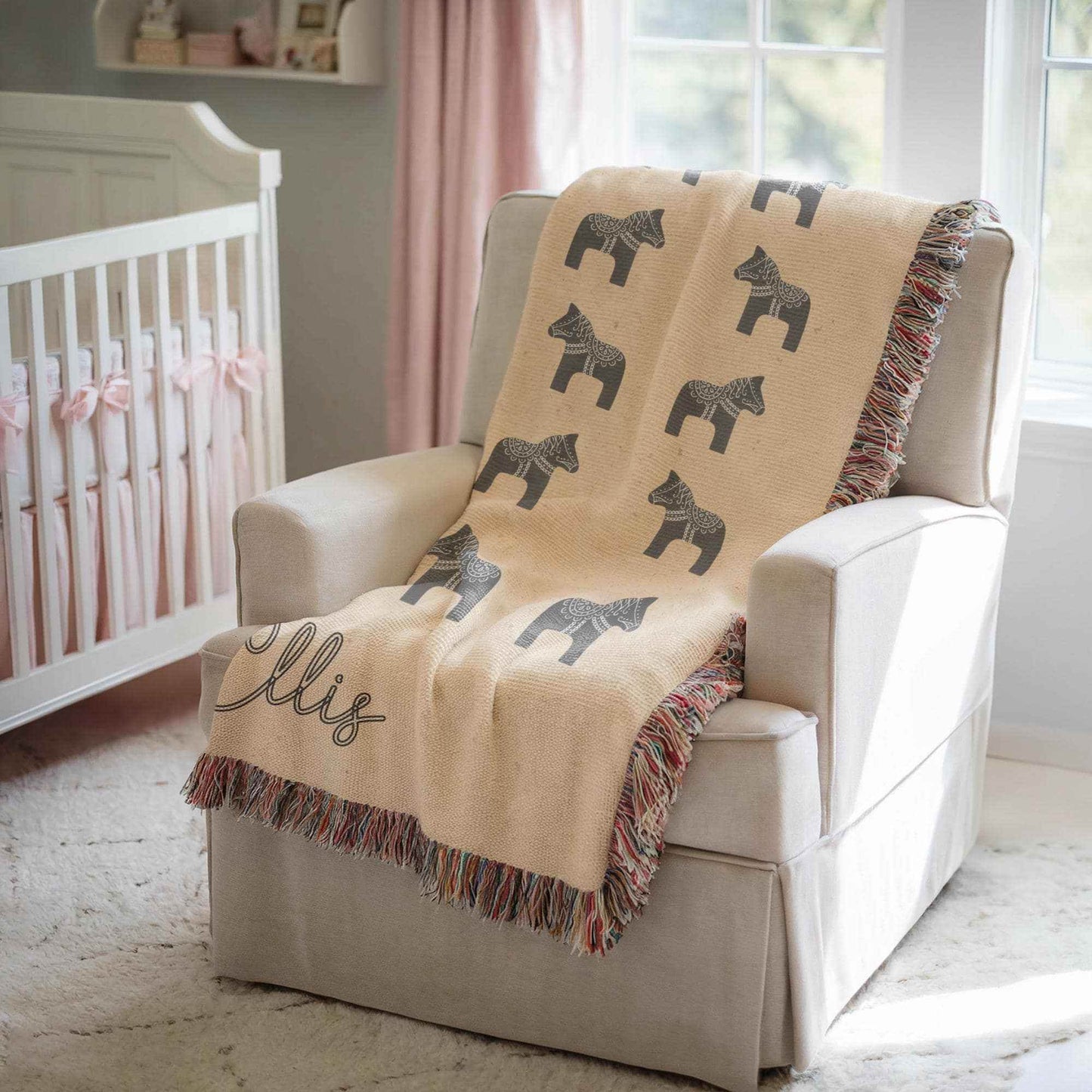 Dala Horse Blanket – Personalized Woven Baby Throw With Colorful Fringed Edges - timelessbohochic.com