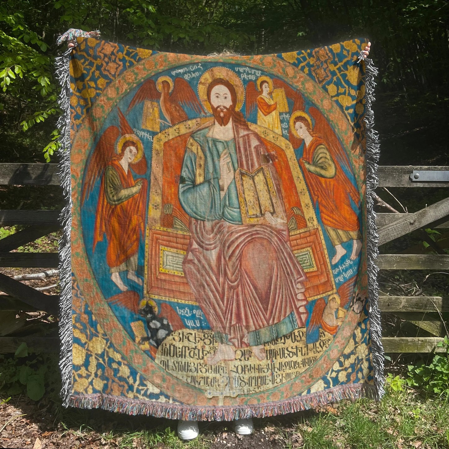 Armenian Cotton Blanket – Woven Miniature Design, Cultural Sofa Throw with Colorful Fringed Edges