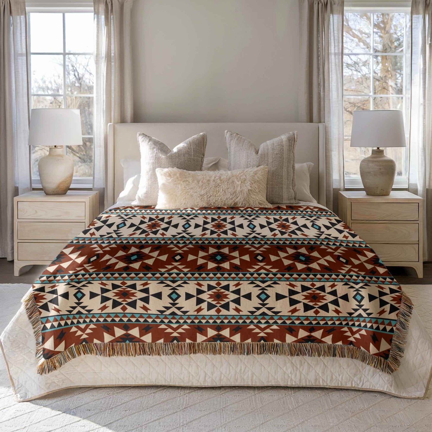 Southwestern Throw Blanket - Cozy Boho Sofa Wrap With Tribal Pattern & Colorful Fringed Edges - timelessbohochic.com