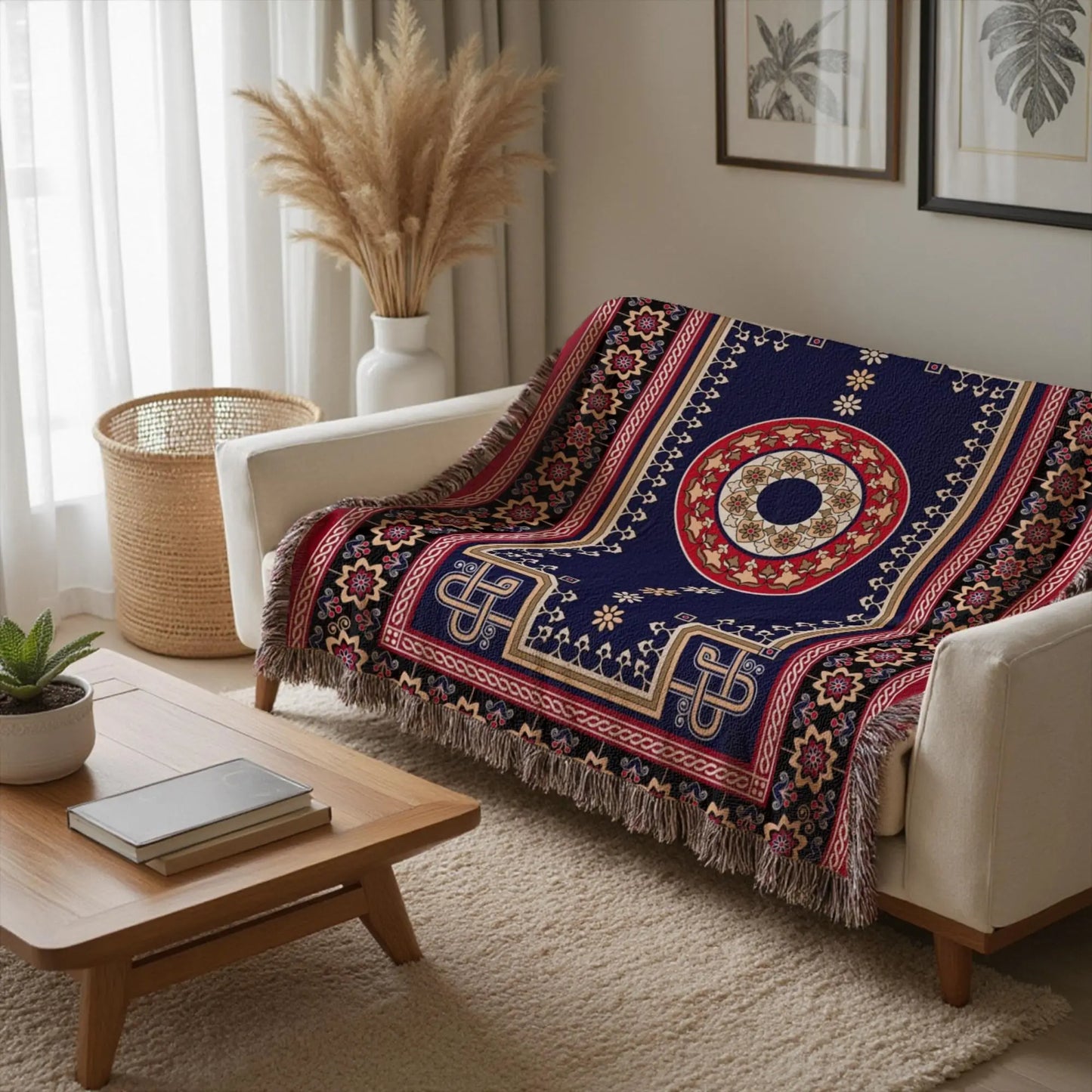 Woven Kilim Blanket - Bohemian Couch Throw With Persian Rug Pattern & Colorful Fringed Edges