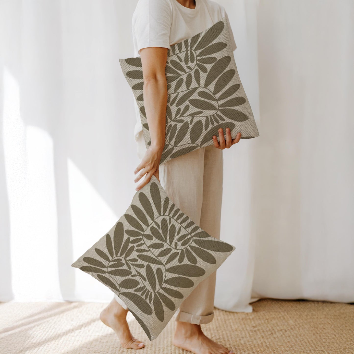 Woven Pillow - Mid Century Cushion with Scandi Leaves Pattern | Durable Cotton Blend