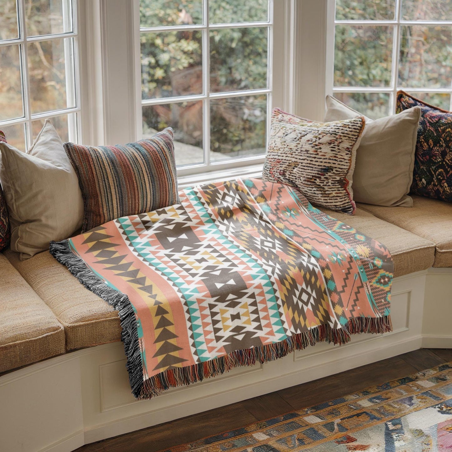 a cozy and inviting living space with a large window overlooking a lush garden. The window is adorned with two pillows, one on each side, and a colorful throw blanket draped over the window sill. The blanket features a geometric pattern in shades of orange, green, and blue, creating a warm and comfortable atmosphere.