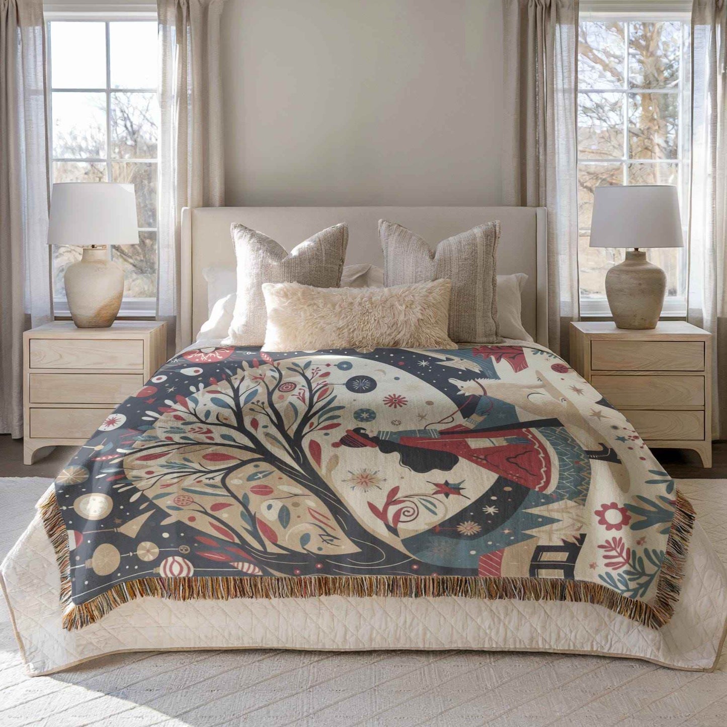 Cozy Cotton Blanket – Holiday Bedding With Winter Village Throw & Folk Art Design - timelessbohochic.com