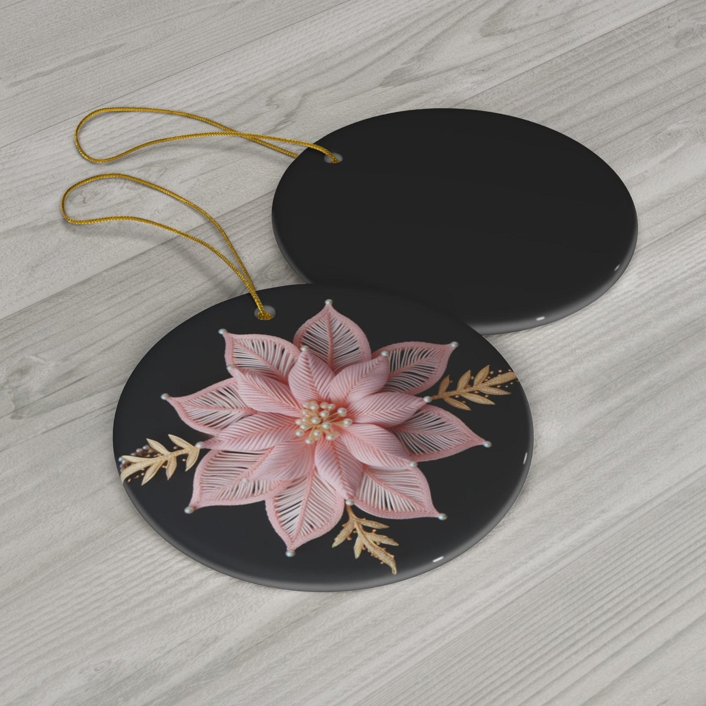 Poinsettia Christmas Ornament – Personalized Pink and Gold Ceramic Decoration