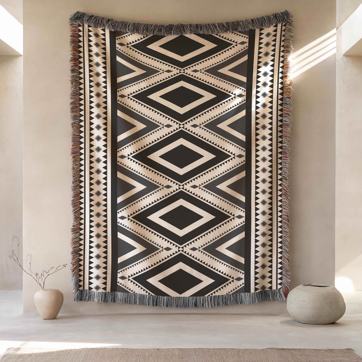 Native American Wall Hanging – Boho Wall Decor With Southwestern Tapestry & Fringed Edge - timelessbohochic.com