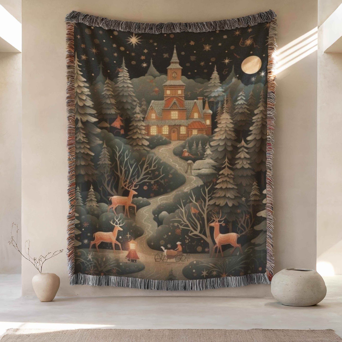 Festive Woven Blanket – Christmas Tree Tapestry With Reindeer & Magical Castle Throw - timelessbohochic.com