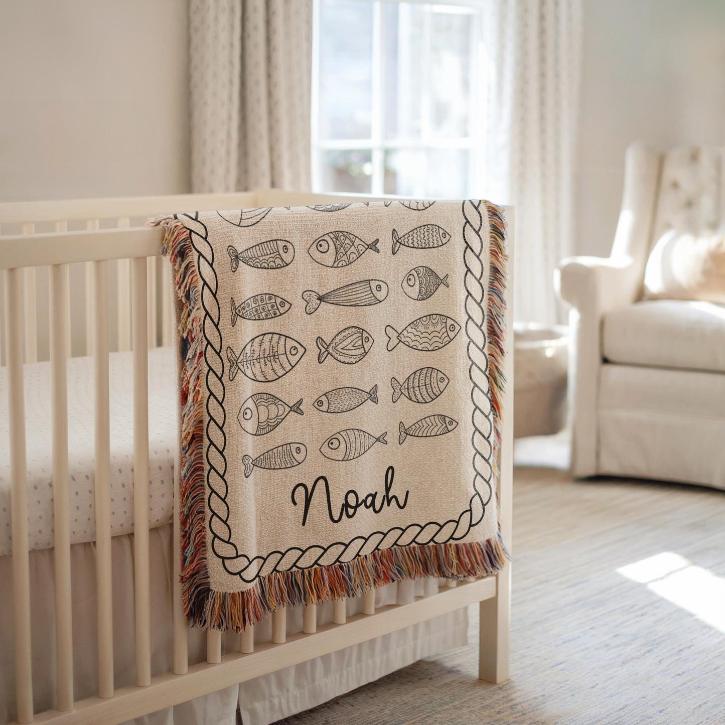 Personalized Baby Fish Blanket – Custom Name Cotton Nursery Decor, Ocean Theme