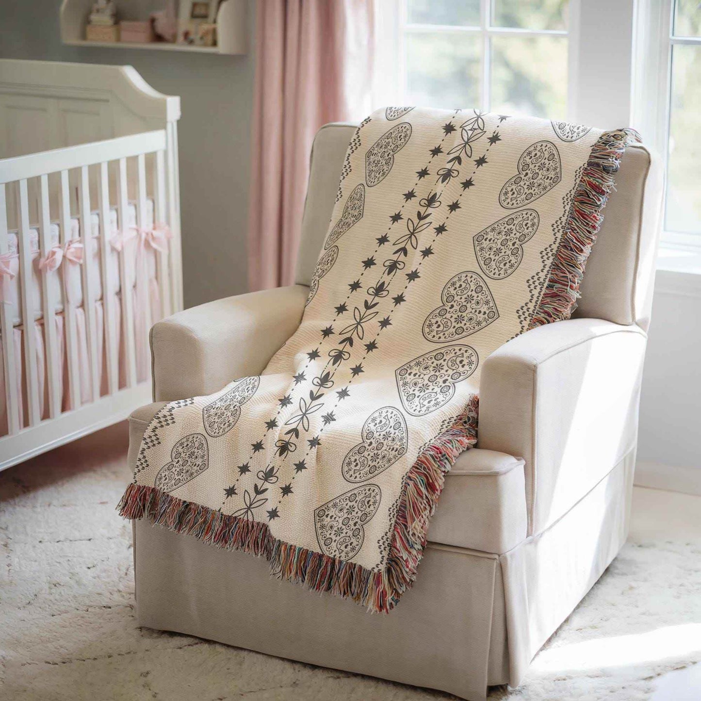 Nordic Cotton Throw Blanket - Woven Cotton Scandinavian Throw with Black Heart Design - timelessbohochic.com