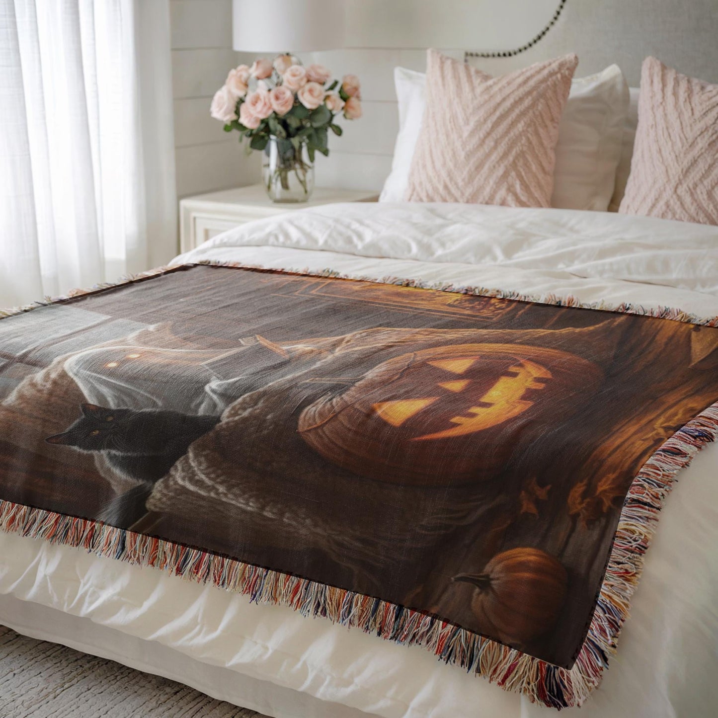 Ghost Woven Blanket – Cozy Fall Cotton Throw with Black Cat Pumpkin Design