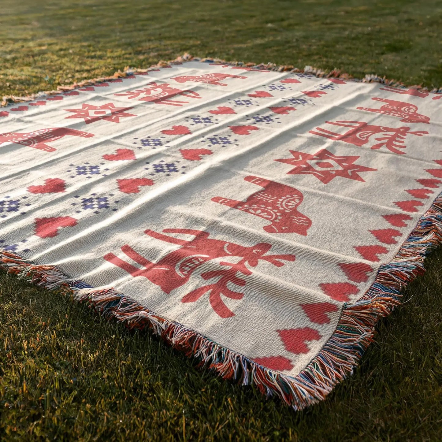Scandi Woven Blanket – Nordic Cotton Throw With Dala Horse & Reindeer Decor