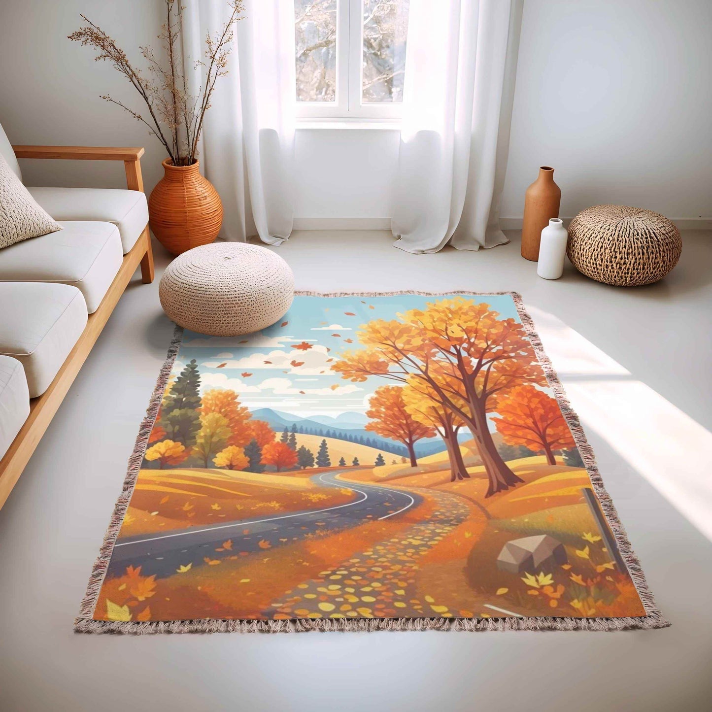 Woven Fall Blanket - Cozy Cotton Throw With Fringed Edge, Autumn Decor - timelessbohochic.com