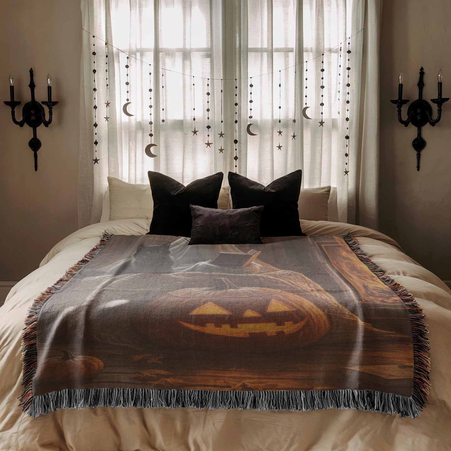Ghost Woven Blanket – Cozy Fall Cotton Throw with Black Cat Pumpkin Design