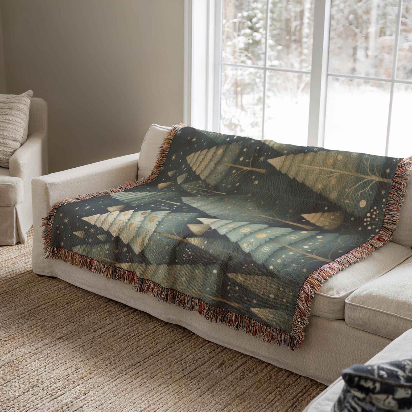 Woven Christmas Blanket - Cotton Holiday Throw With Festive Forest Design & Fringed Edges - timelessbohochic.com