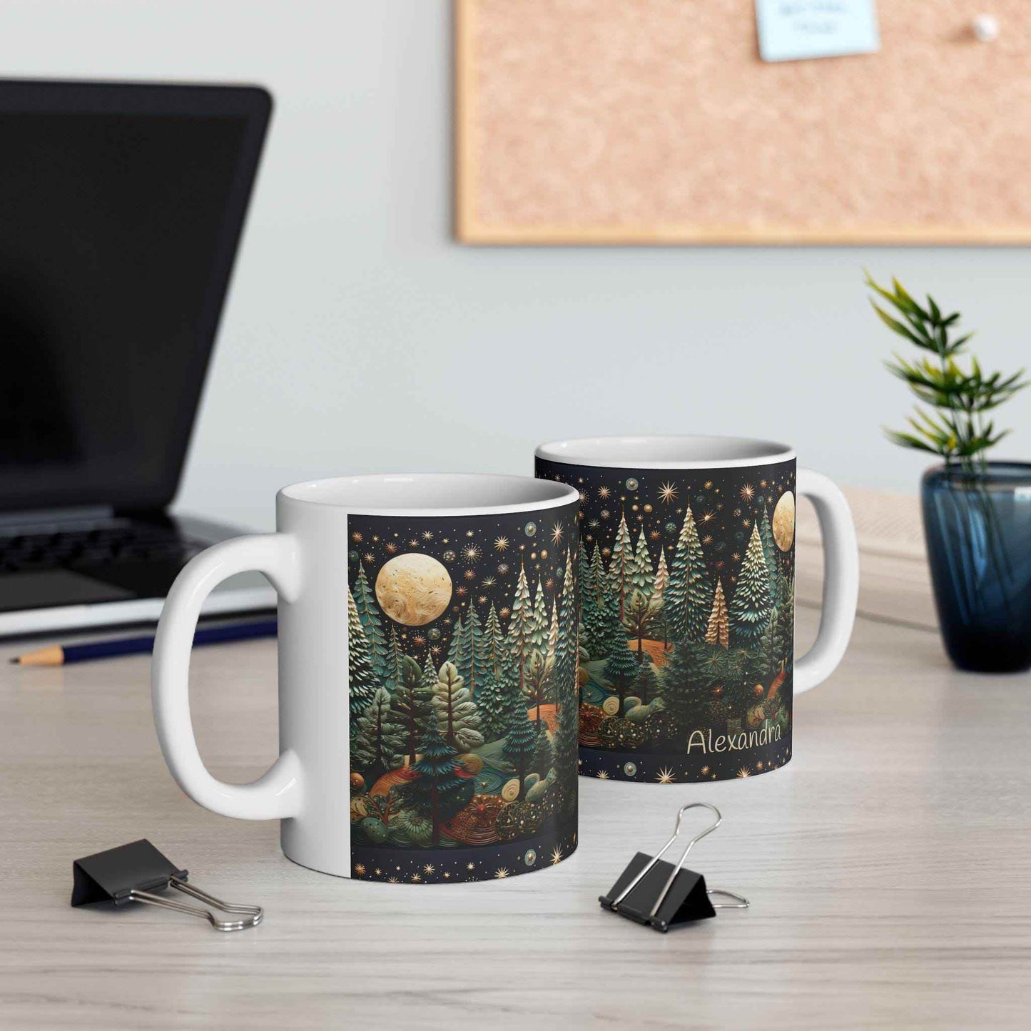 Moon and Trees Coffee Mug - Winter Landscape Ceramic Cup | Cozy Hot Beverage - timelessbohochic.com