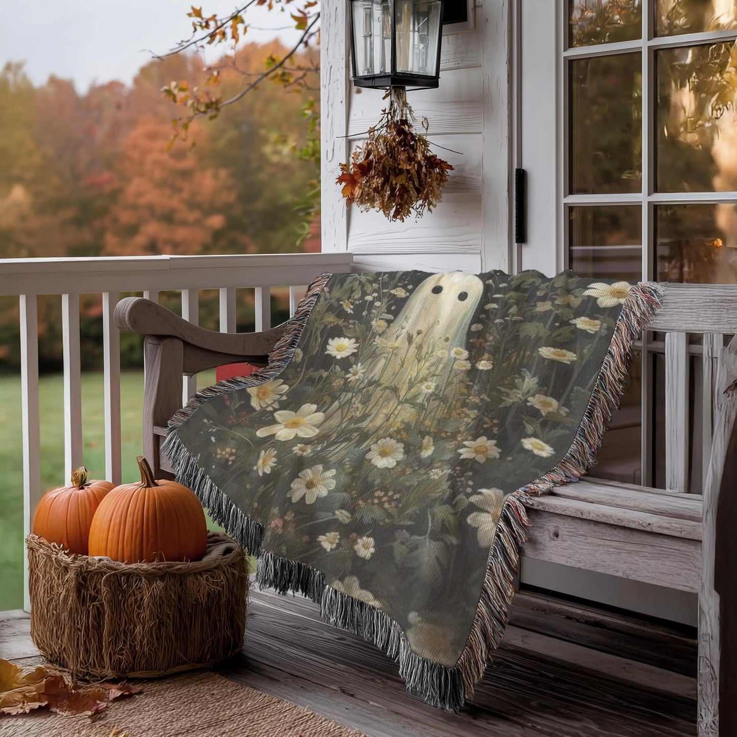 Halloween Woven Blanket - Cozy Throw With Cute Ghost Design & Floral Wildflowers