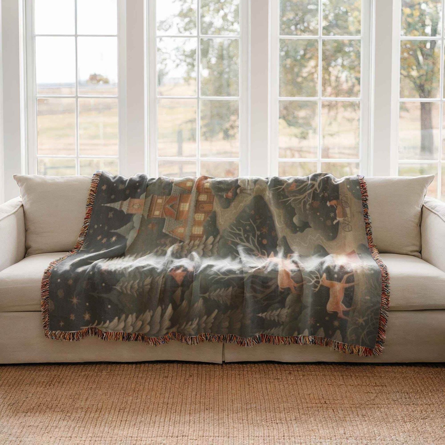 Festive Woven Blanket – Christmas Tree Tapestry With Reindeer & Magical Castle Throw - timelessbohochic.com