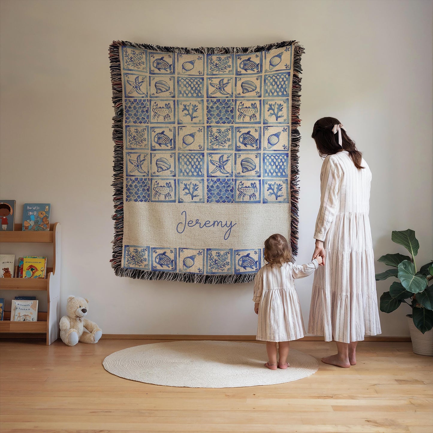 Personalized Baby Blanket - Custom Woven Ocean Nursery Decor | Sea Creatures Design, Cotton Quilt