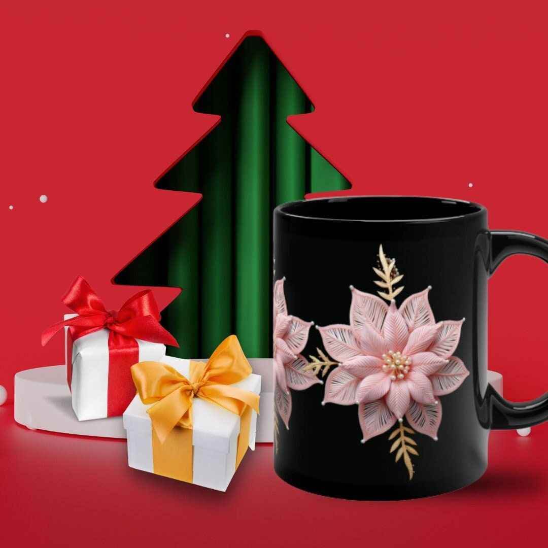 Holiday Ceramic Mug – Pink Poinsettia Glossy Finish Cup | Microwave Safe Gift - timelessbohochic.com