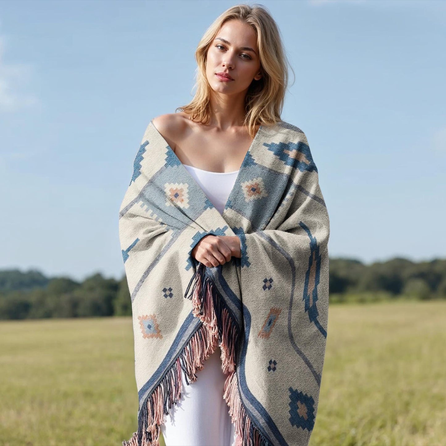 Woven Cotton Blanket – Summer Throw Blanket With Scandi Ethnic Pattern & Colorful Fringed Edges