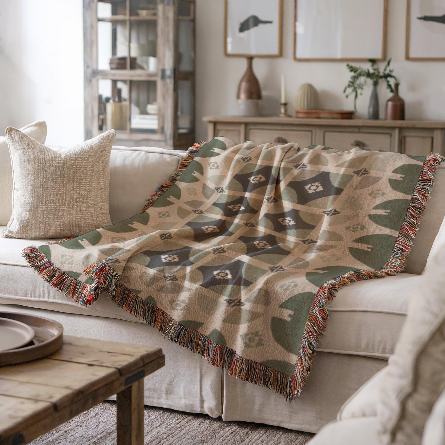 Woven Cotton Blanket – Sage Green Throw | Modern Home Decor, Geometric Design