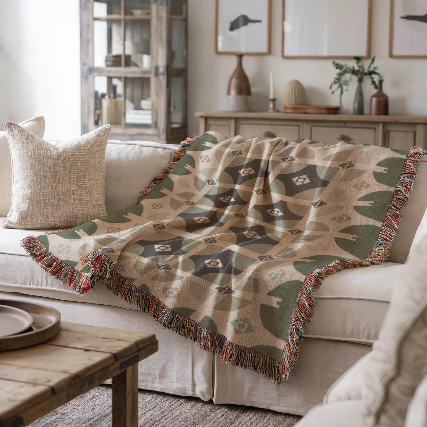 Woven Cotton Blanket Sage Green Throw | Geometric Modern Home Decor - timelessbohochic.com