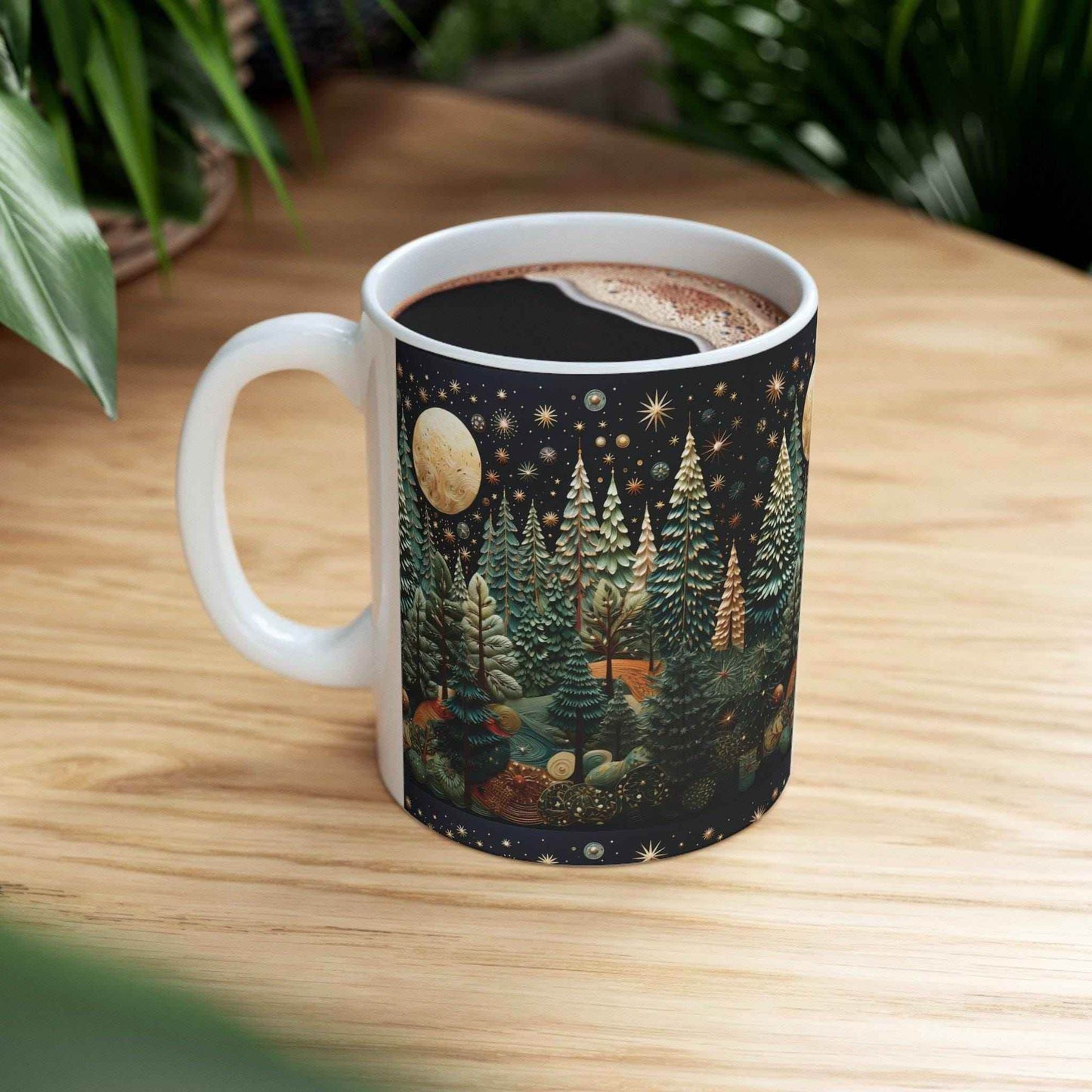 Moon and Trees Coffee Mug - Winter Landscape Ceramic Cup | Cozy Hot Beverage - timelessbohochic.com