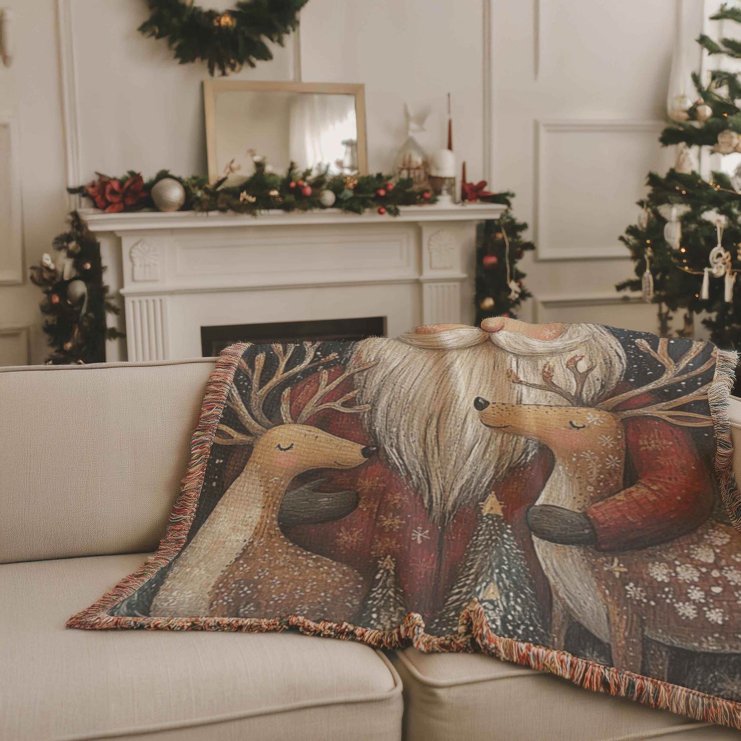 Christmas Woven Blanket – Cozy Cotton Throw with Santa Claus Reindeer Design - timelessbohochic.com