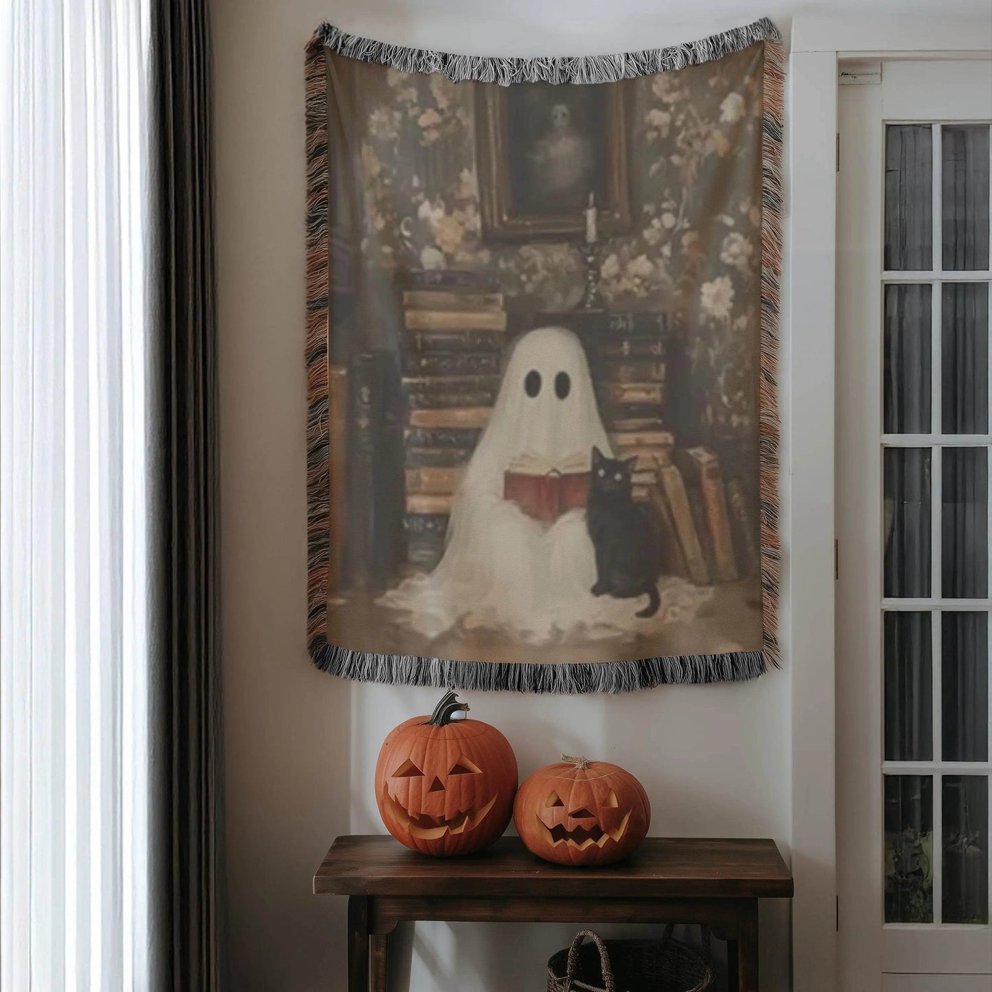 Ghost Book Blanket – Cozy Cat Throw | Soft Cotton Cover, Halloween Decor - timelessbohochic.com