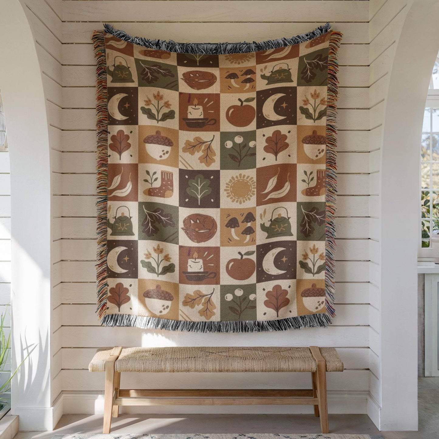 Fall Woven Blanket - Cozy Patchwork Throw with Colorful Fringed Edges, Autumn Bedding Quilt - timelessbohochic.com