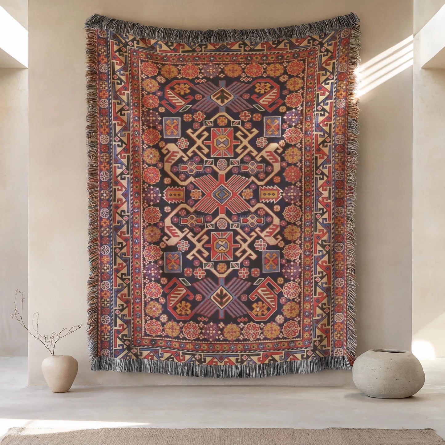 Woven Wall Hanging - Turkish Rug Tapestry With Colorful Fringed Cotton Textile