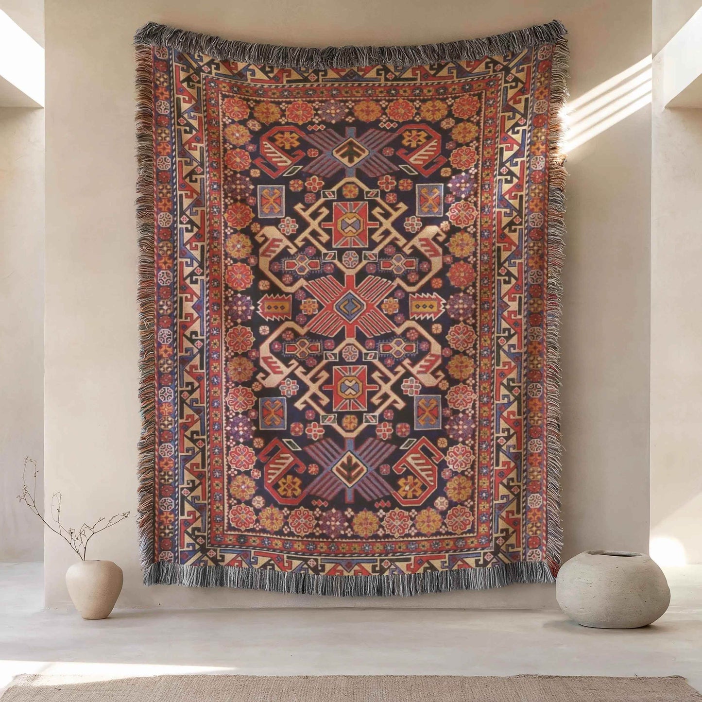 Woven Tapestry Throw - Turkish Rug Wall Hanging with Colorful Fringed Cotton Textile - timelessbohochic.com