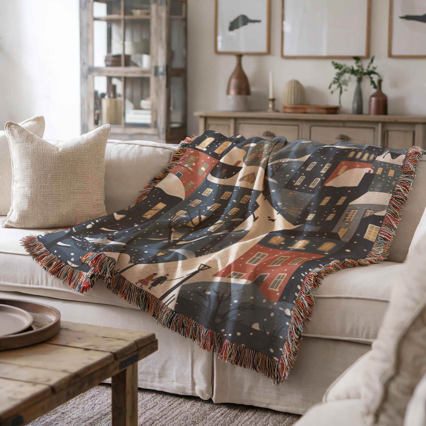 Christmas Village Throw Blanket - Cozy Cotton Holiday Throw With Fringed Edge - timelessbohochic.com