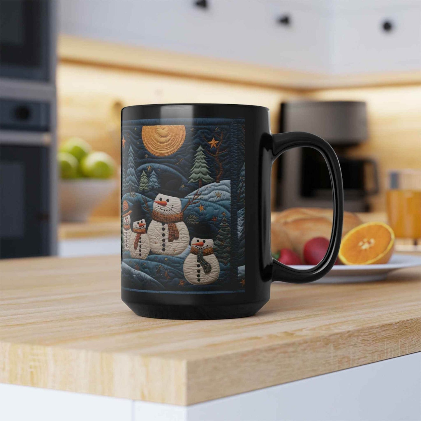Chai Latte Mug - Black Ceramic Mug with Snowmen & Trees | 15 Ounce Glossy Finish - timelessbohochic.com