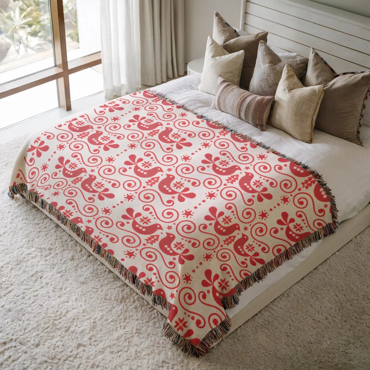 Woven Cotton Blanket – Scandinavian Decor Soft Cotton Throw Blanket With Bird Motif