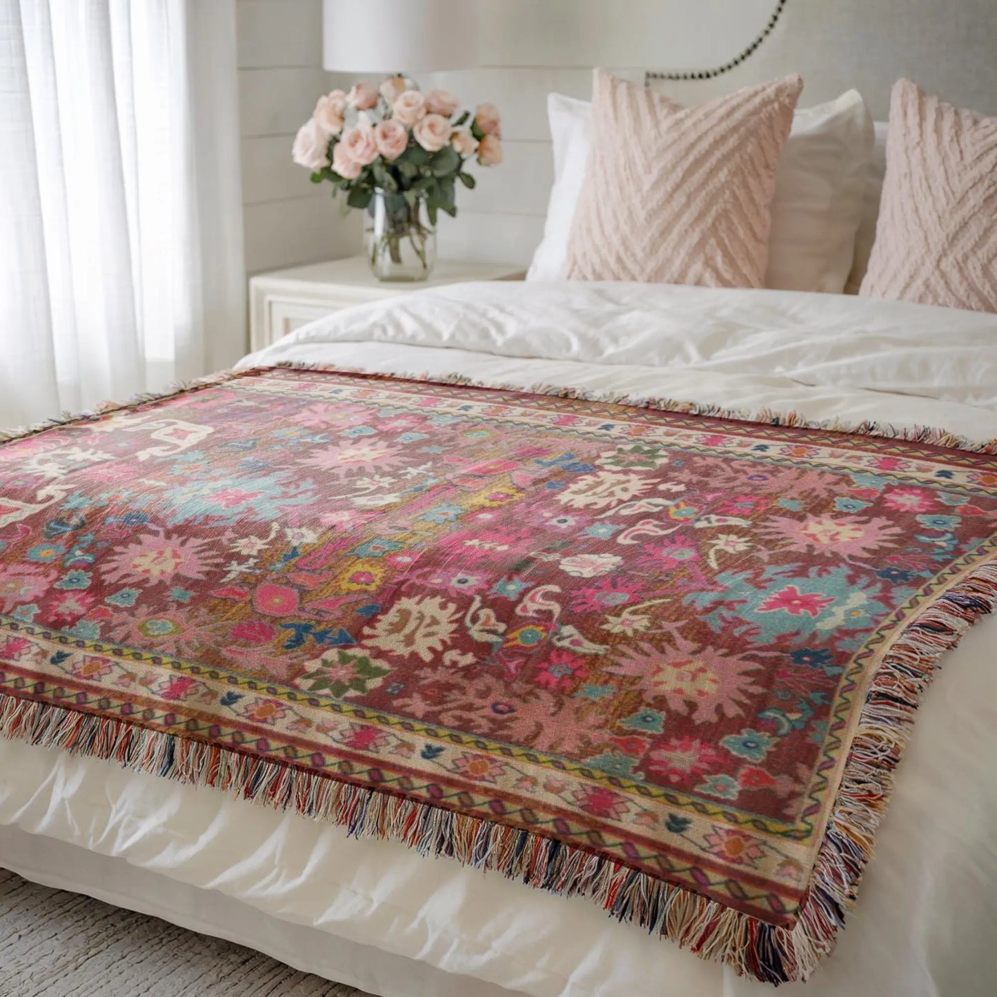 Persian Rug Throw Blanket - Woven Cotton Cozy Living Room Blanket with Colorful Fringed Edges