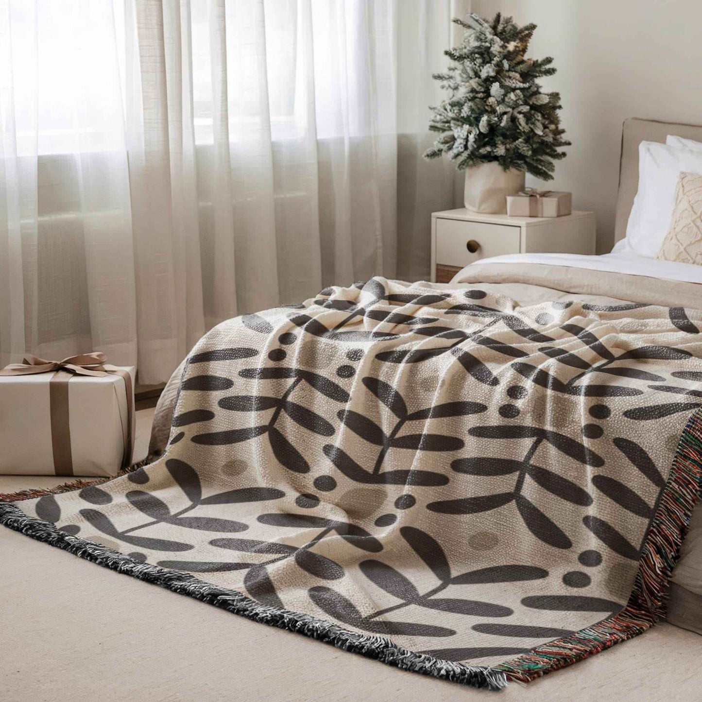 Scandinavian Woven Blanket - Cotton Throw With Textured Floral Design & Fringed Edges - timelessbohochic.com