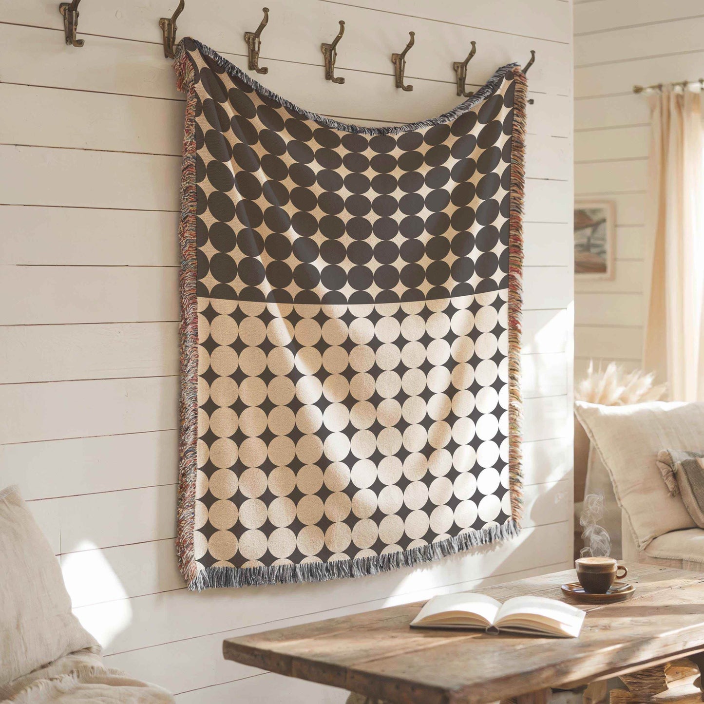 Black White Circle Blanket – Cozy Cotton Throw With Fringed Edge, Modern Geometric Design - timelessbohochic.com