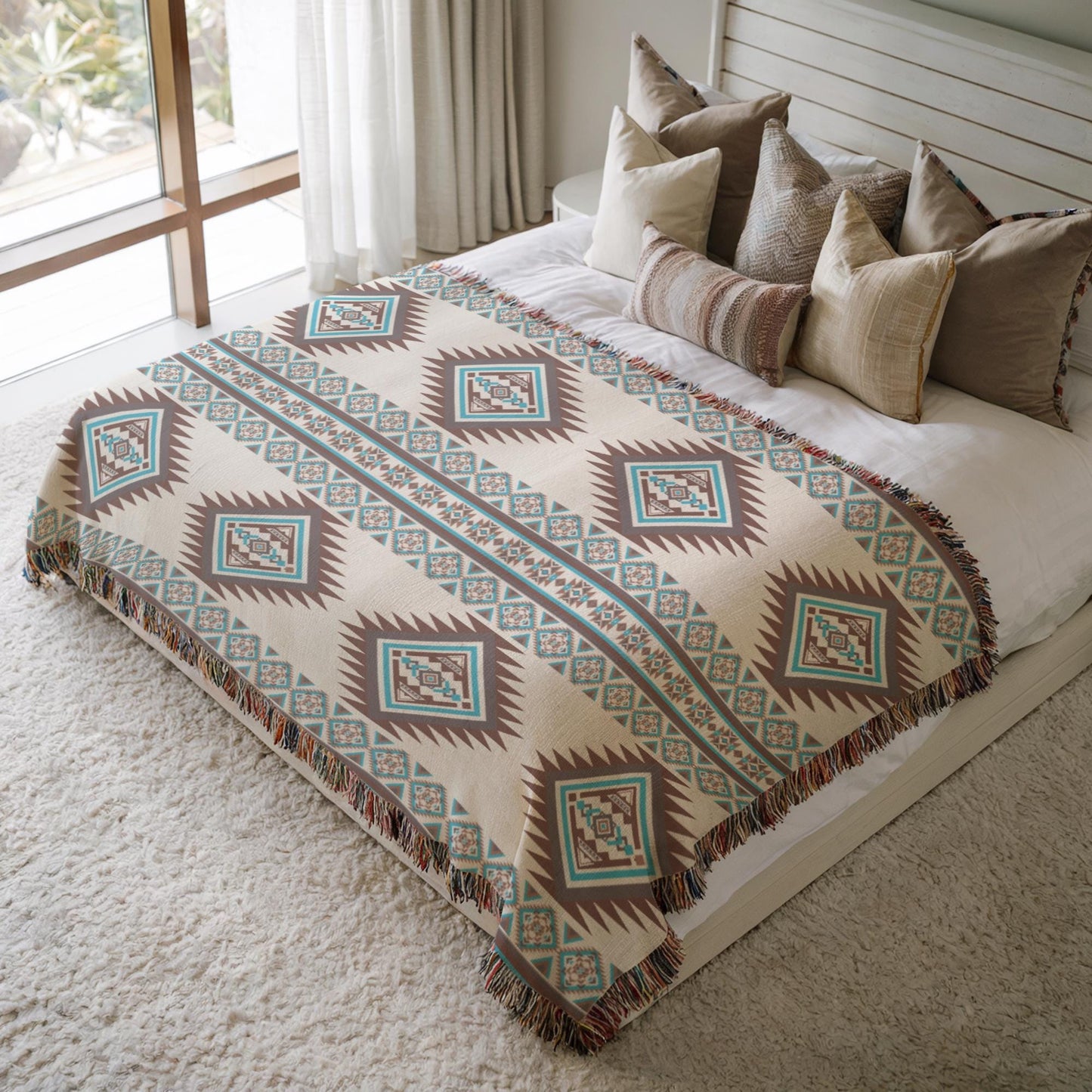 a cozy bedroom scene with a large bed covered in a patterned blanket and pillows. The bed is positioned against a wall with a window, and the room has a white carpet.