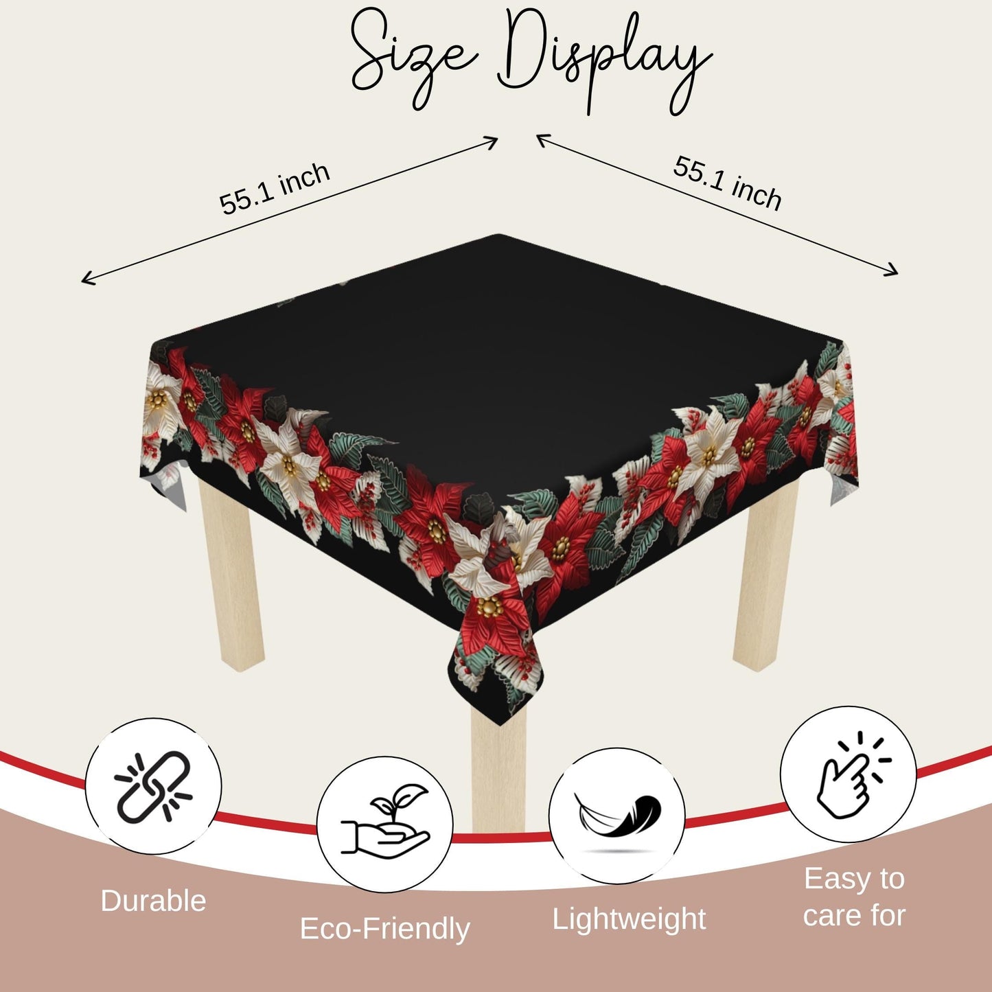 Holiday Tablecloth – Classic Christmas Linen with Poinsettia Pattern, Durable Polyester Fabric