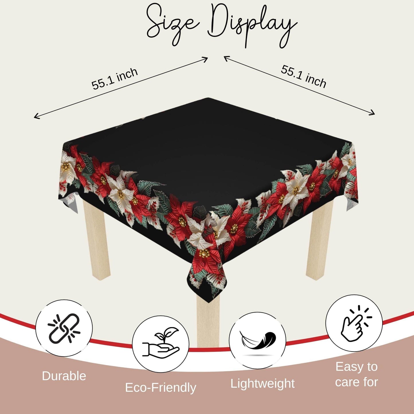 Holiday Tablecloth – Classic Christmas Linen with Poinsettia Pattern, Durable Polyester Fabric - timelessbohochic.com