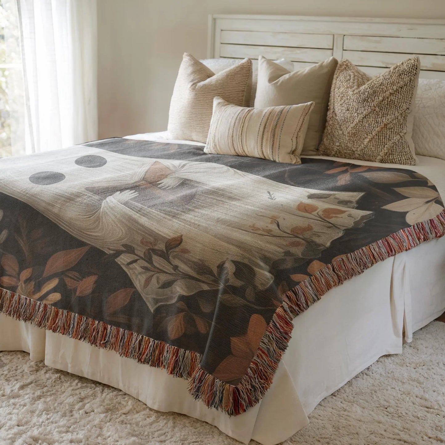 Cute Ghost Blanket – Cozy Fall Throw with Reading Ghost Decor | Cotton Fabric, Fringed Edge