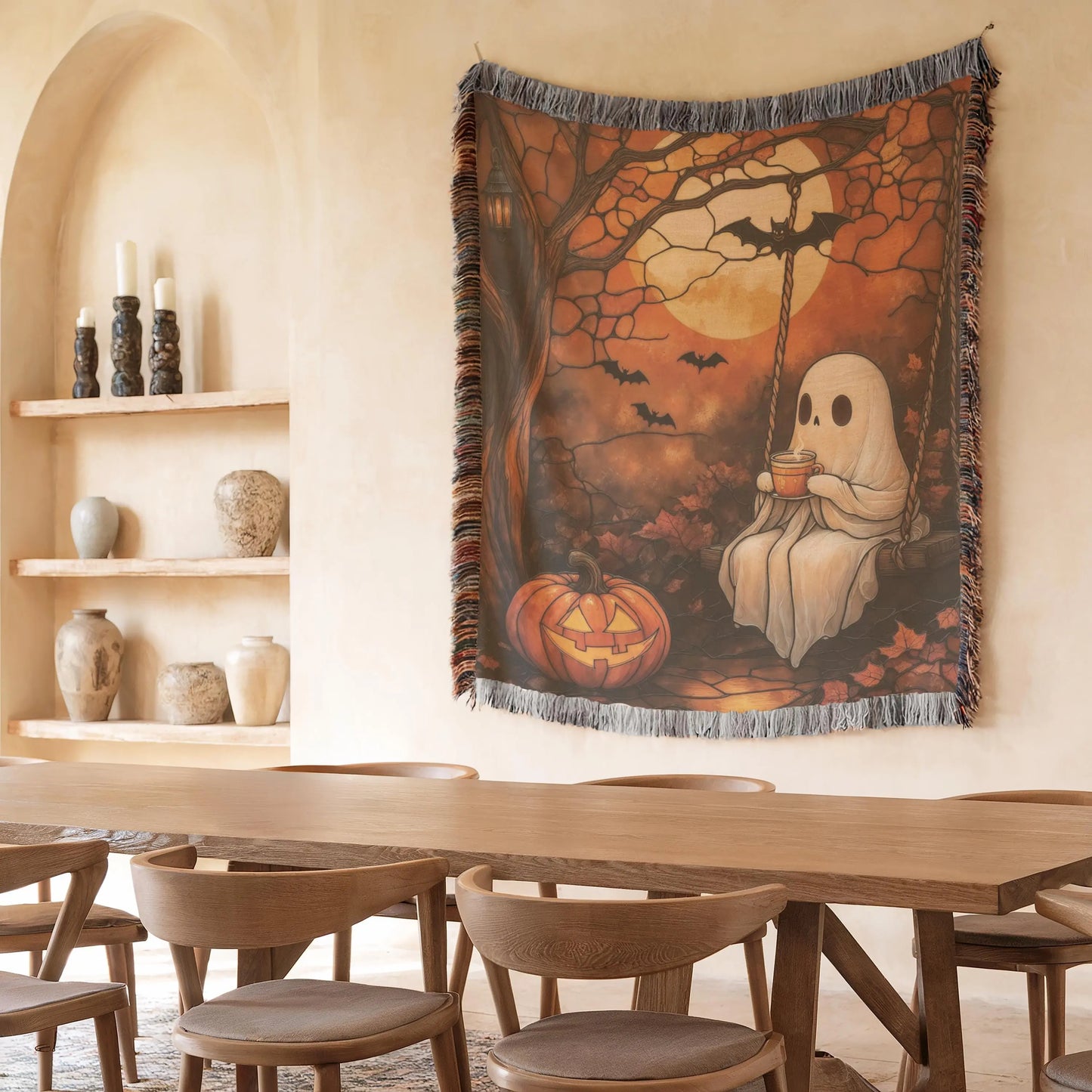 Halloween Ghost Tapestry - Woven Cotton Pumpkin Wall Hanging | Cozy Autumn Decor