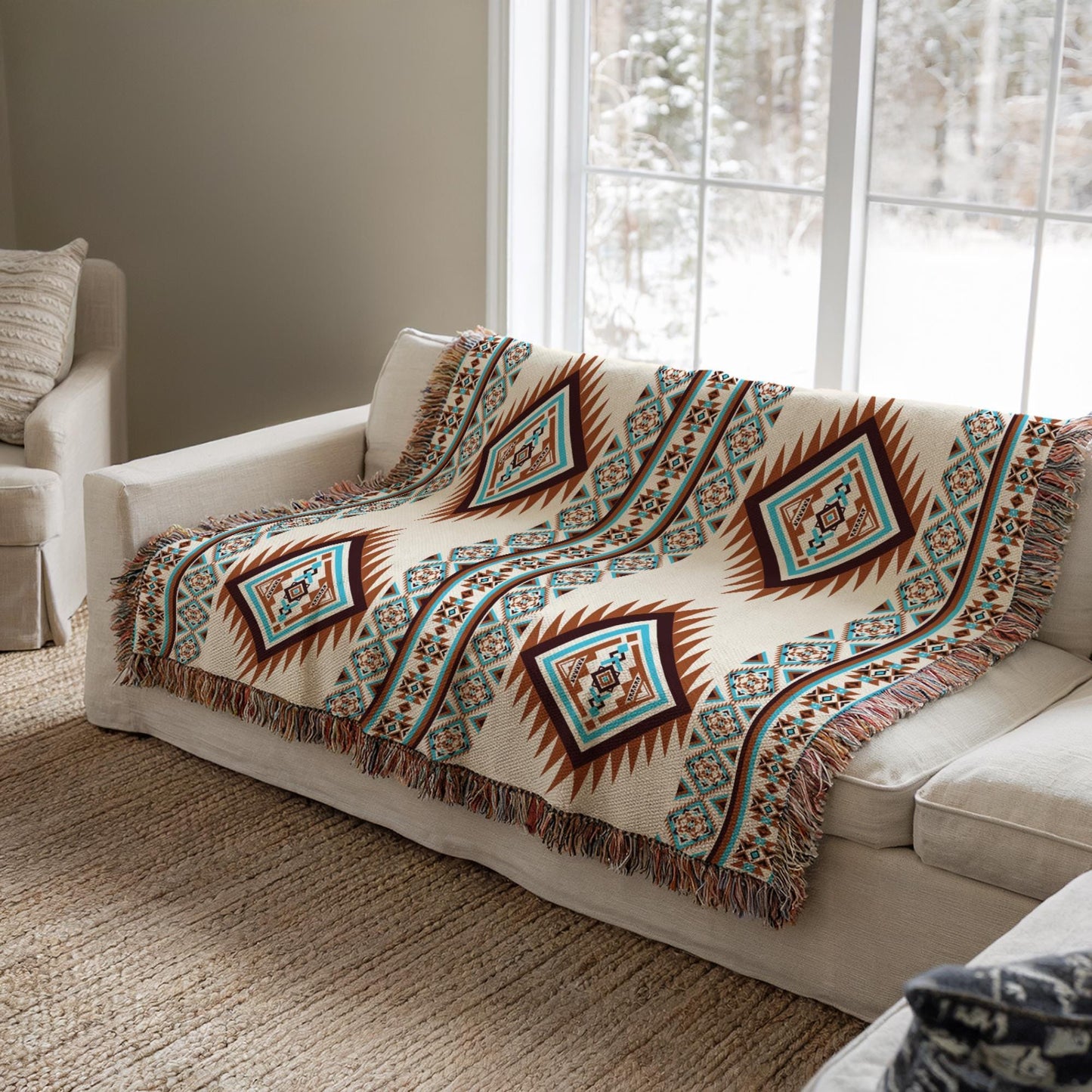 Southwest Native American Blanket - Cotton Woven Throw With Rustic Navajo Print