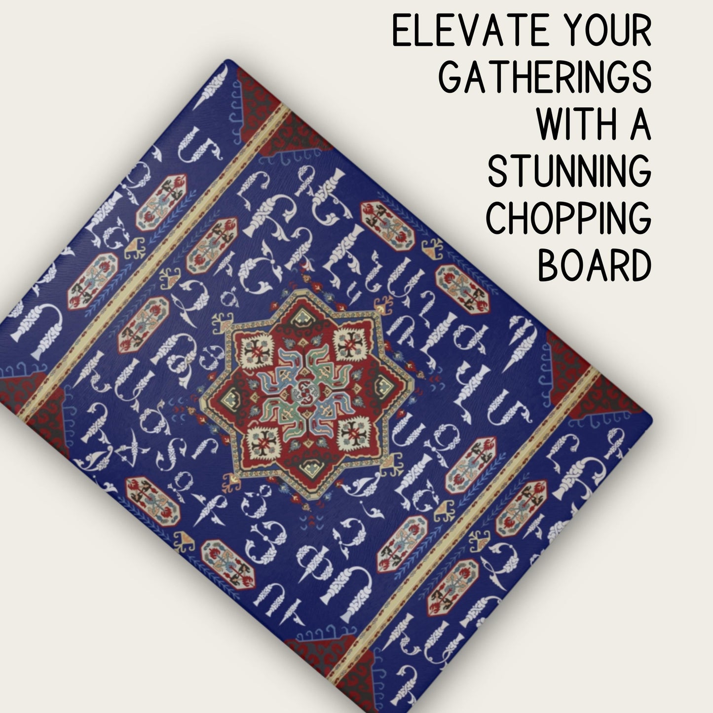 Armenian Glass Cutting Board – Blue White Alphabet Kitchen Decor | Tempered Glass, Non Slip
