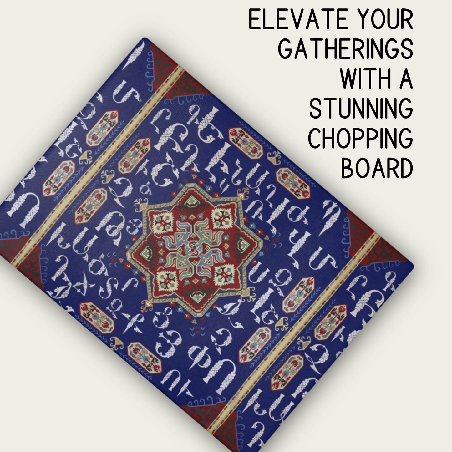 Armenian Glass Cutting Board – Blue White Alphabet Kitchen Decor | Tempered Glass, Non Slip - timelessbohochic.com