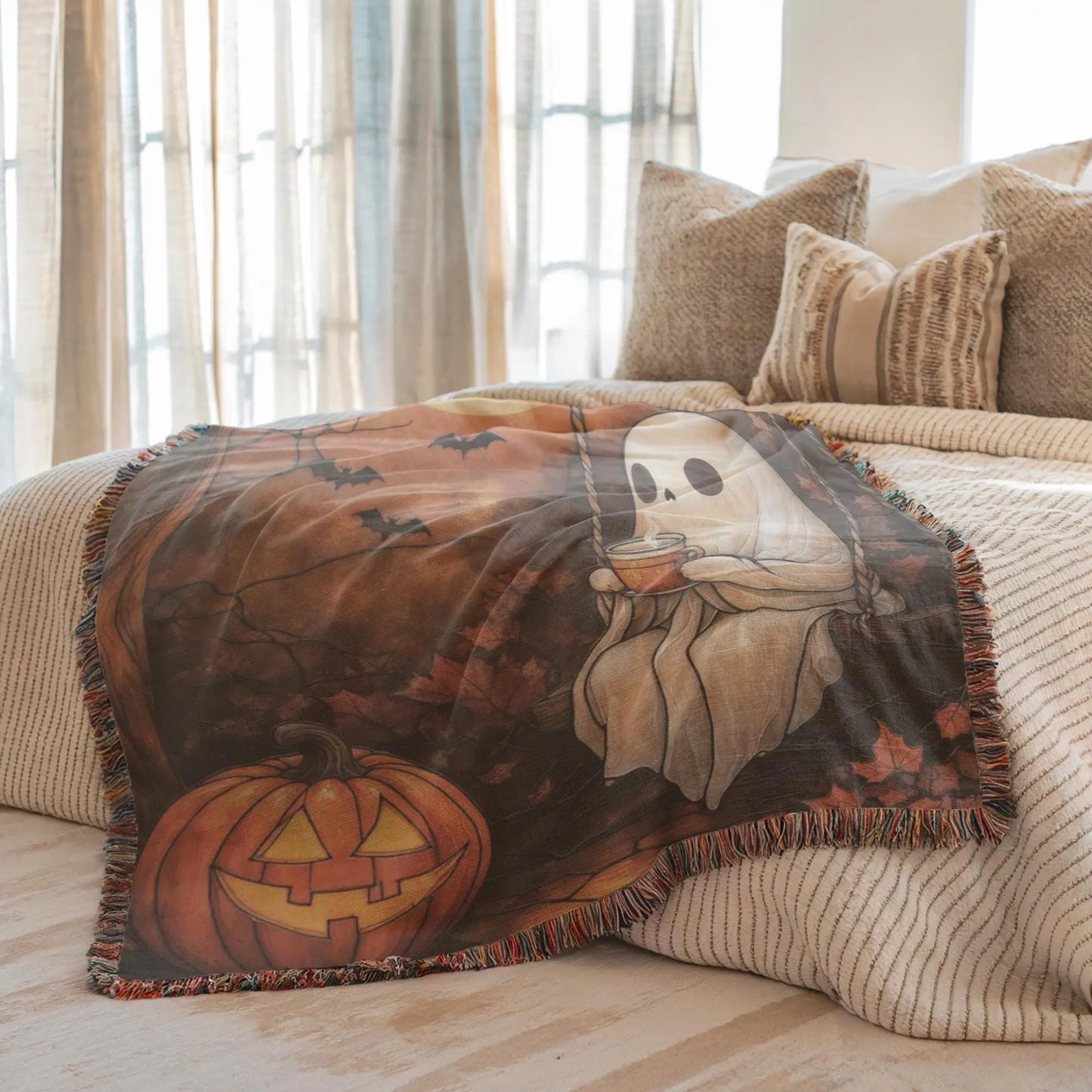 Woven Ghost Blanket – Cozy Throw Blanket with Pumpkin Moon Design | Spooky Home Decor