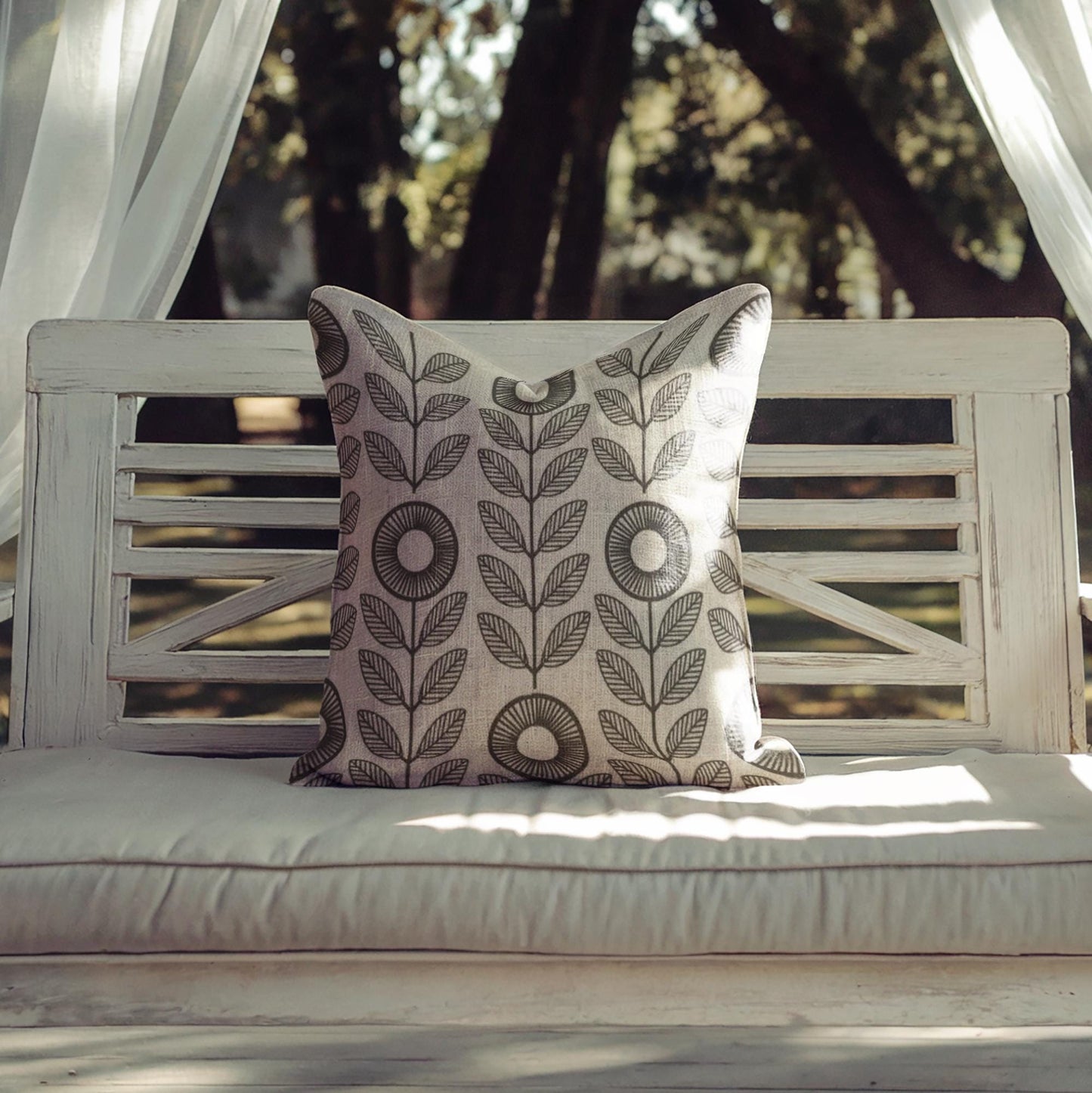 Floral Pillow | Minimalist Botanical Design Woven Cushion - Black White Decorative Throw Pillow
