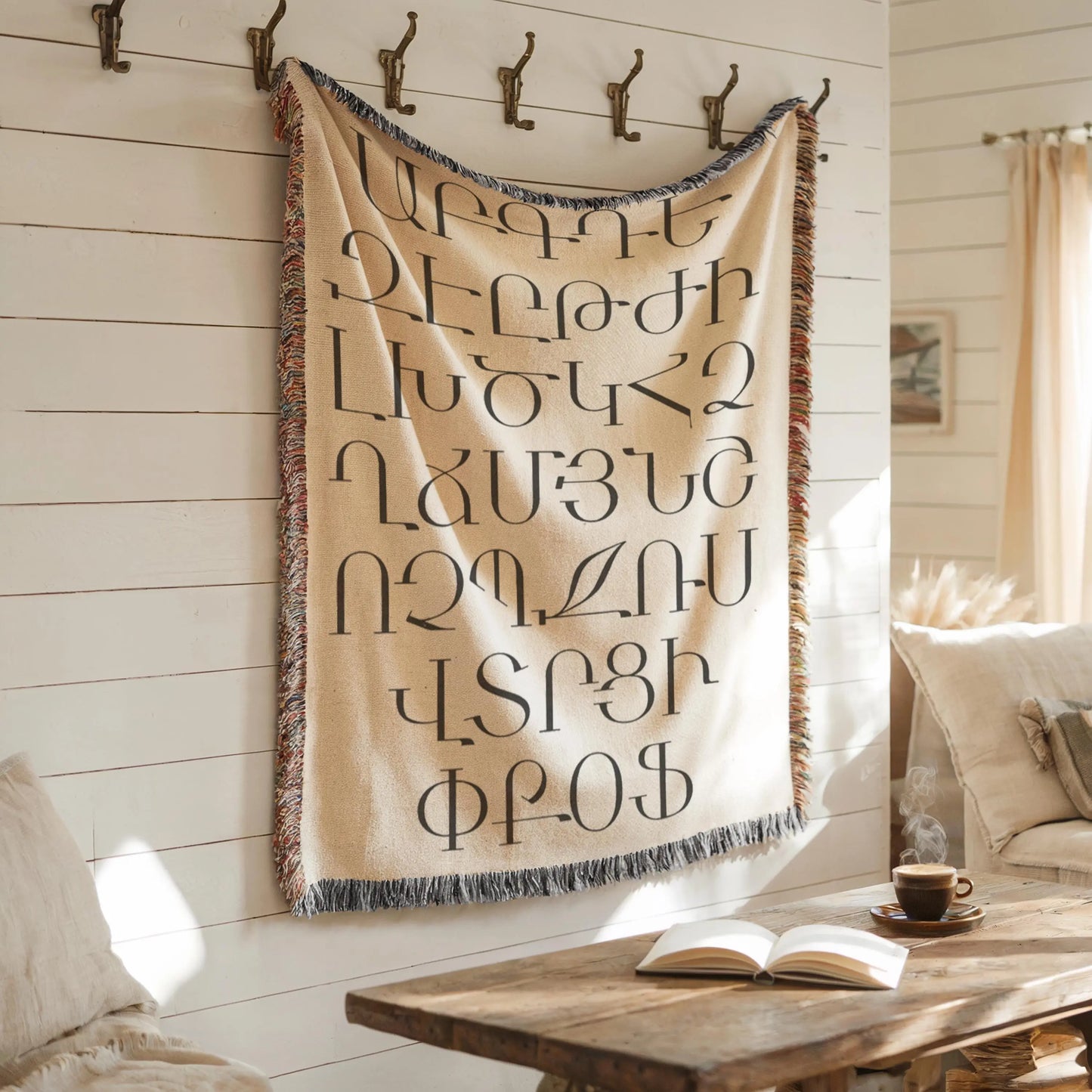Armenian Cotton Blanket Set – Woven Throw Pillow With Hayeren Alphabet Coverlet