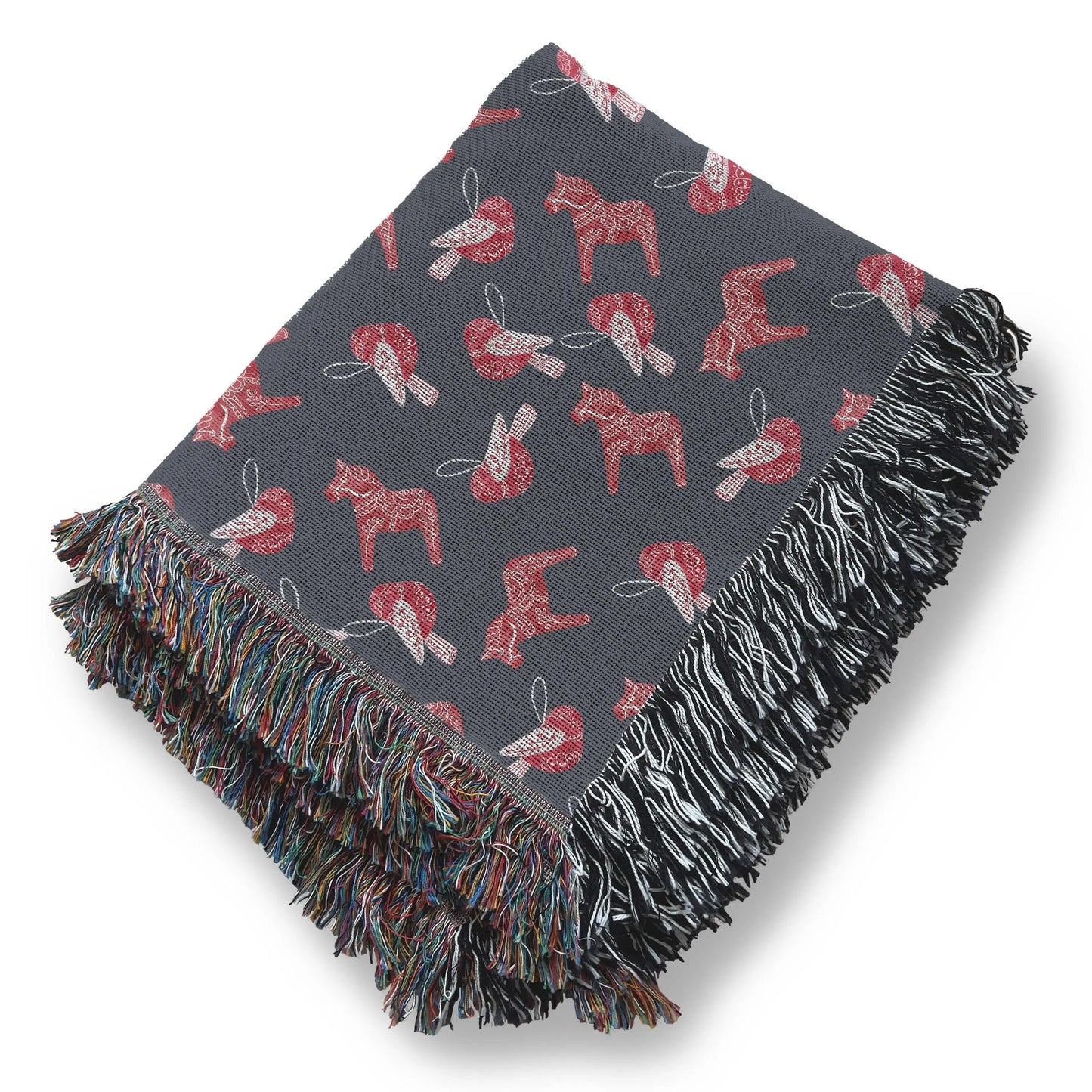 Scandi Cotton Blanket - Cozy Scandinavian Throw with Dala Horse & Bird Pattern, Fringe Edge