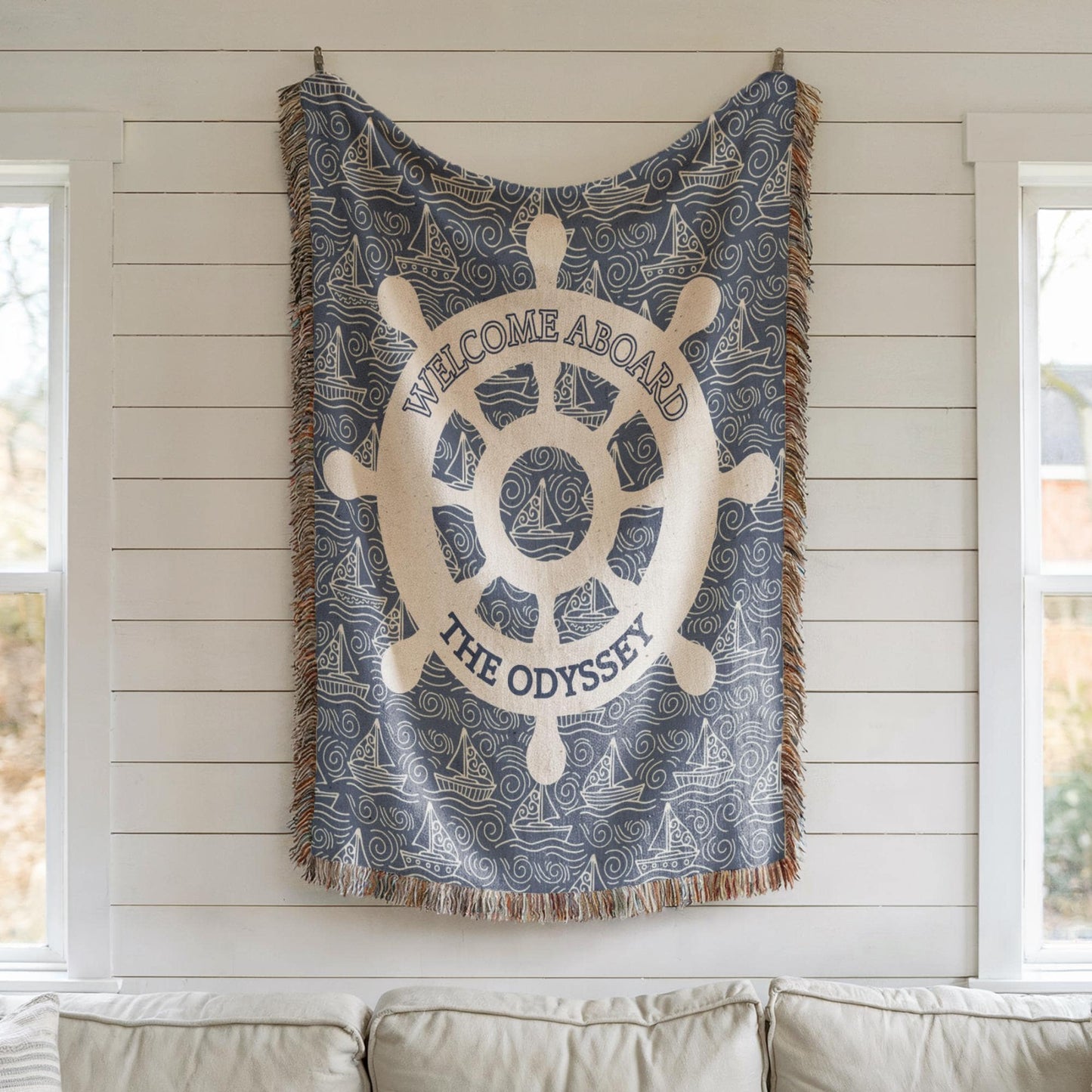 Nautical Woven Blanket – Custom Boat Name Cotton Throw | Coastal Home Decor